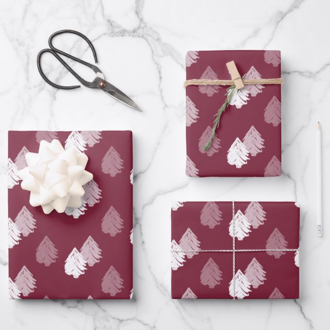 Burgundy White Christmas Tree Muster Geschenkpapier Set (Vorderseite)