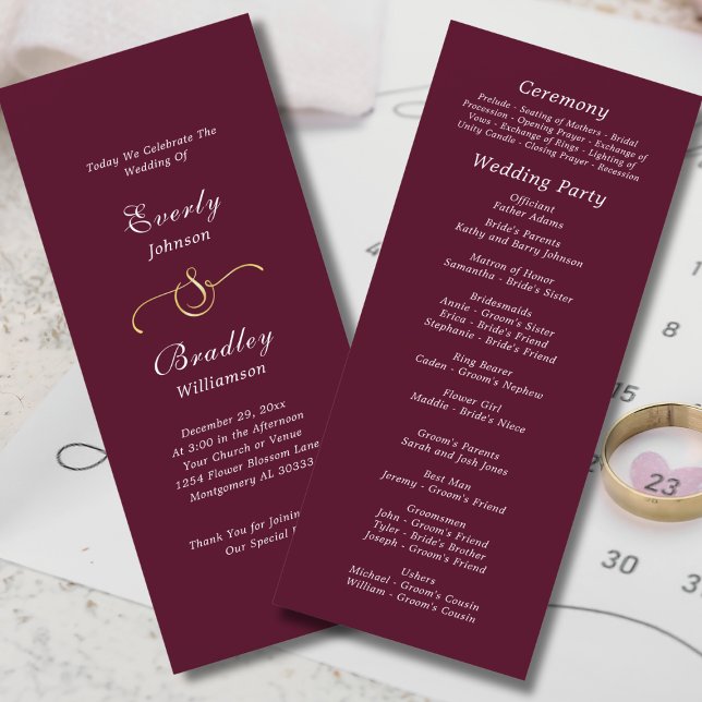 Burgundy White Elegant Script Herbst Winter Weddin Programm (Von Creator hochgeladen)