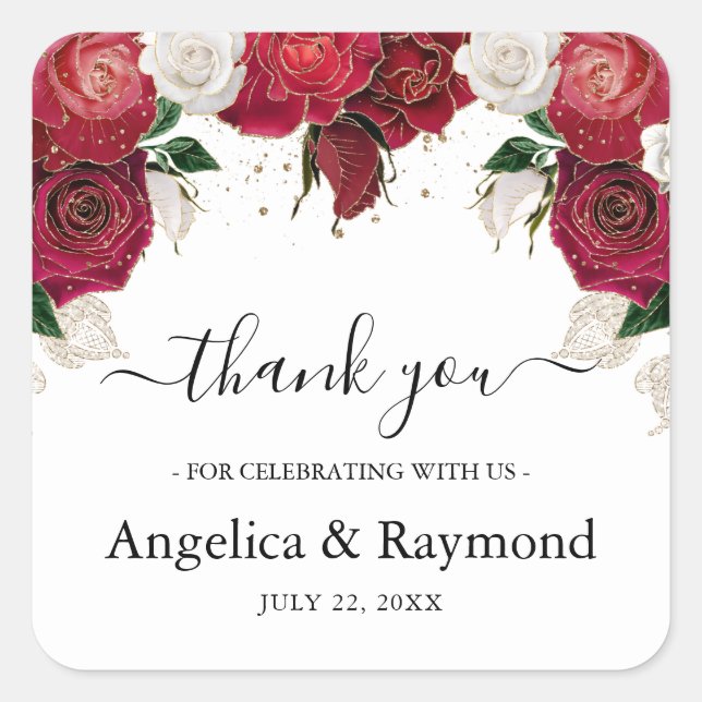 Burgundy & White Elegant Wedding Vielen Dank Quadratischer Aufkleber (Vorderseite)