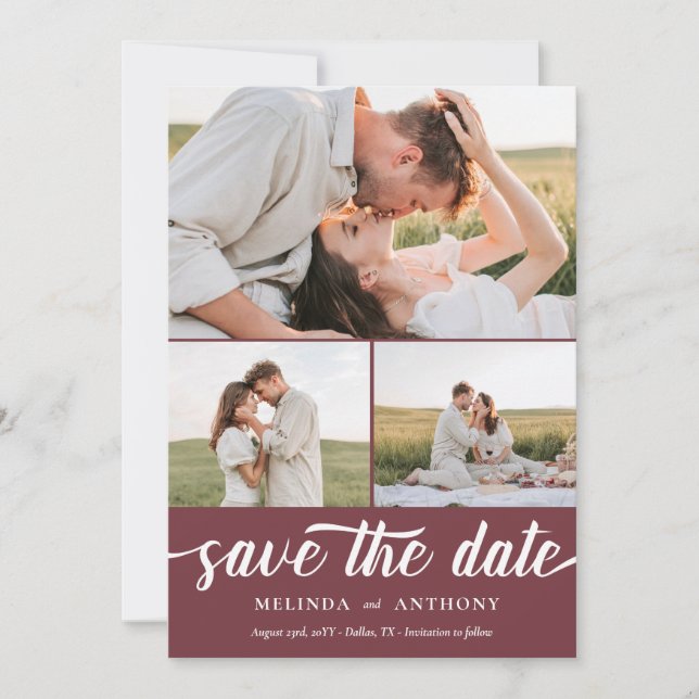Burgundy White Elegante Fett-Script-FotoCollage Save The Date (Vorderseite)