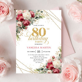 Burgundy white floral 80th birthday invite green einladung