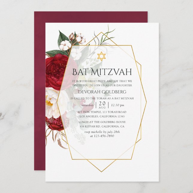 Burgundy & White Floral Geometric Bat Mitzvah Einladung (Vorne/Hinten)