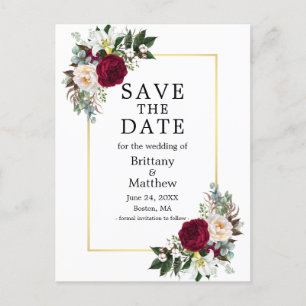 Burgundy White Floral Gold Rahmen Save the Date Postkarte