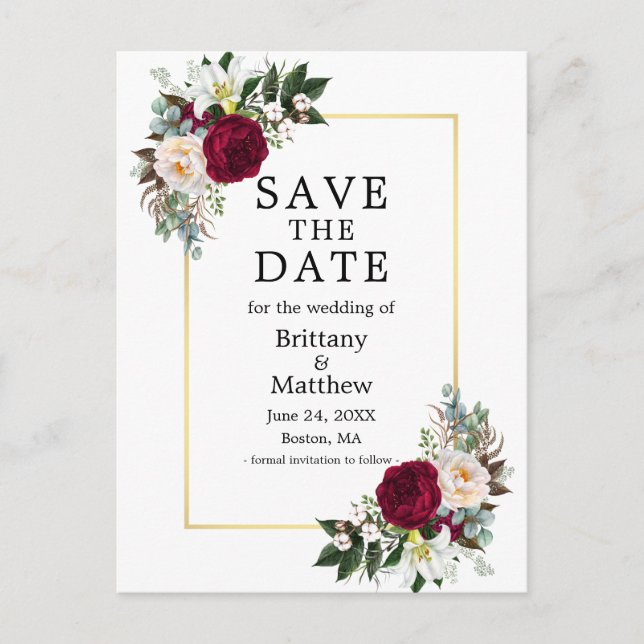 Burgundy White Floral Gold Rahmen Save the Date Postkarte (Vorderseite)