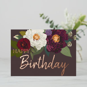 Burgundy White Floral Happy Birthday Real Gold Folien Feiertagskarte