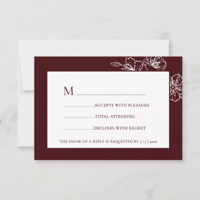 Burgundy White Floral Line Art RSVP (Vorderseite)
