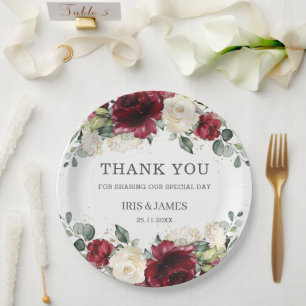 Burgundy White Floral Rose Polterabend Geburtstag Pappteller