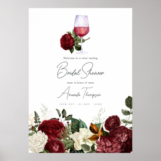 Burgundy & White Floral Wine Tasting Bridal Shower Poster (Vorne)