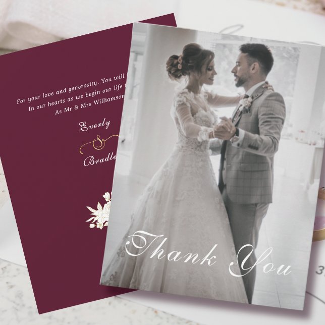 Burgundy White Gold Floral Wedding Vielen Dank Einladung (Von Creator hochgeladen)