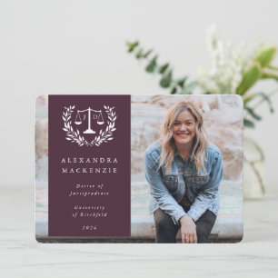 Burgundy+White JD Law Scales Laurel Wreath Foto Ankündigung