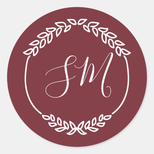 Burgundy White Leaf Wreath Monogram Wedding Runder Aufkleber (Vorderseite)