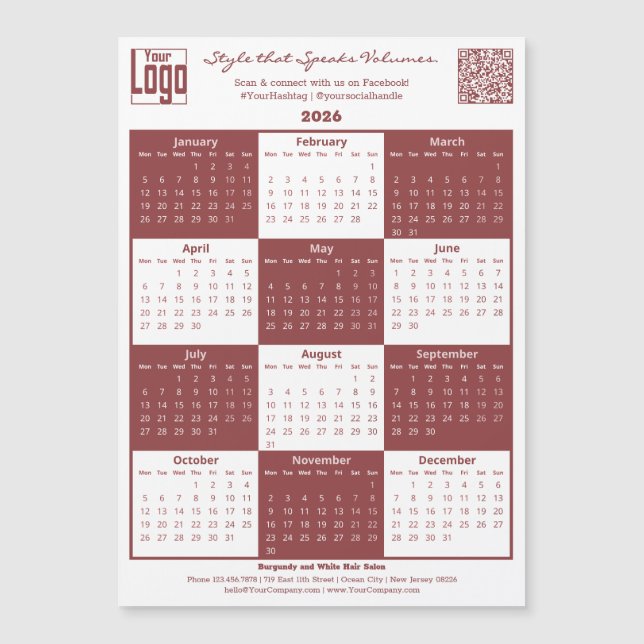 Burgundy White Logo QR-code 2026 Calendar Magnet (Vorderseite)