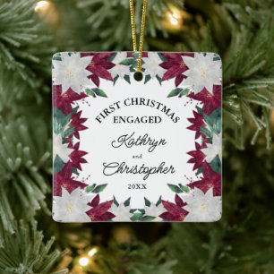 Burgundy White Poinsettias Erste Weihnachtsfeier V Keramikornament