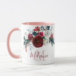 Burgundy White Rose Floral Pine Mit Monogramm Tasse