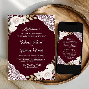 Burgundy White Roses Lace Islamische Hochzeit Einladung