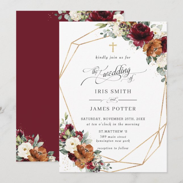 Burgundy White Rust Orange Floral Church Wedding   Einladung (Vorne/Hinten)