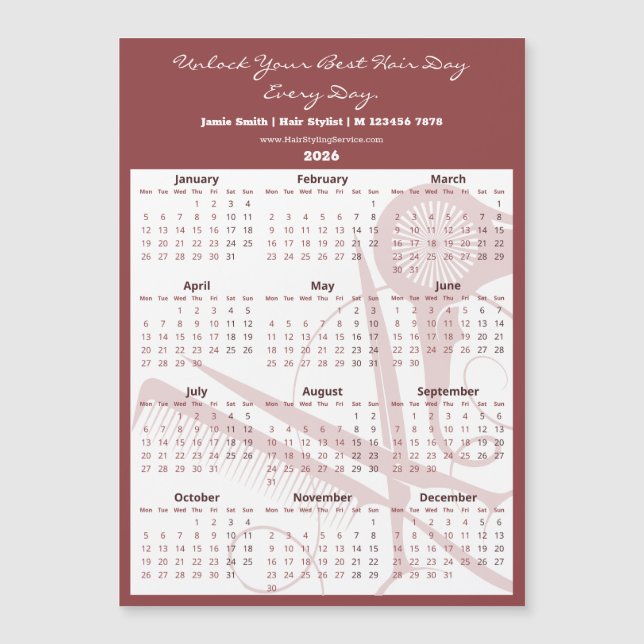 Burgundy White Salon Tools 2026 Calendar Magnet (Vorderseite)