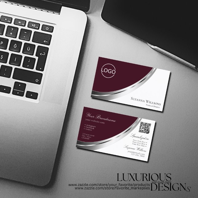 Burgundy White Silver Decor mit Logo und QR-Code Visitenkarte (Von Creator hochgeladen)