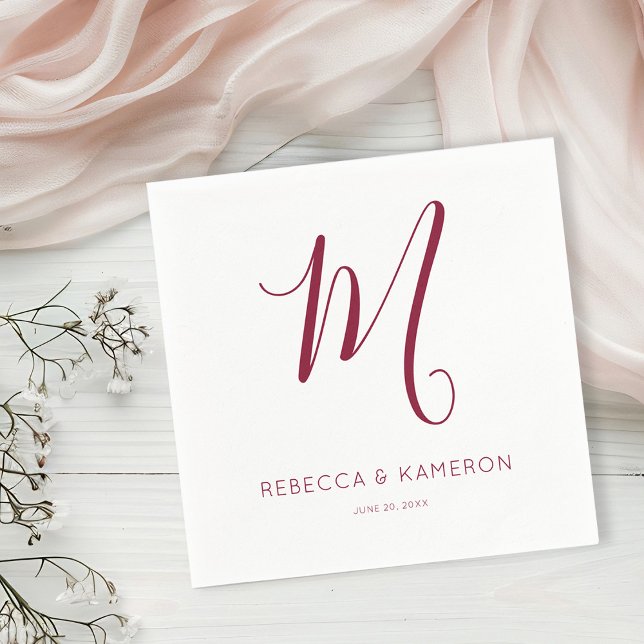 Burgundy & White Simple Monogram Wedding Serviette (Von Creator hochgeladen)