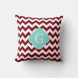 Burgundy White Zickzack Aqua Quatrefoil Monogramm Kissen