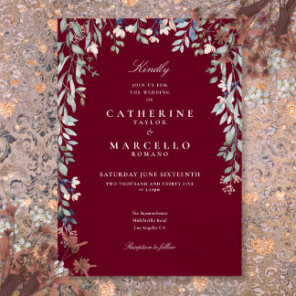 Burgundy Wildblumen Hochzeit mit floralen Aquarell Einladung