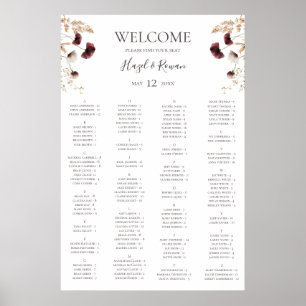 Burgundy Wildflower   Alphabetical Seating Chart Poster