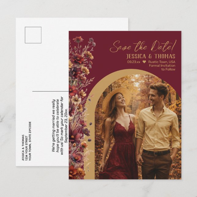 Burgundy Wildflowers Photo Wedding Save the Date Ankündigungspostkarte (Vorne/Hinten)