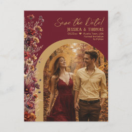 Burgundy Wildflowers Photo Wedding Save the Date Ankündigungspostkarte