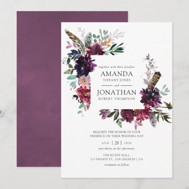 Burgundy Wine Boho Floral Wedding Einladung (Vorne/Hinten)