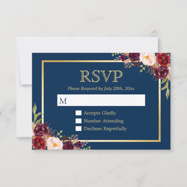 Burgundy Wine Color Floral Gold Navy Blue UAWG RSVP Karte (Vorderseite)
