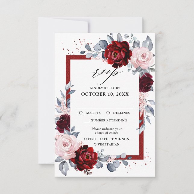 Burgundy Wine Dusty Blue Slate Floral Wedding RSVP Karte (Vorderseite)
