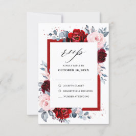 Burgundy Wine Dusty Blue Slate Floral Wedding RSVP Karte
