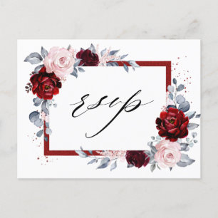 Burgundy Wine Dusty Blue Slate Floral Wedding RSVP Postkarte