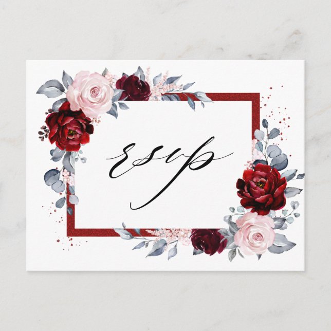 Burgundy Wine Dusty Blue Slate Floral Wedding RSVP Postkarte (Vorderseite)