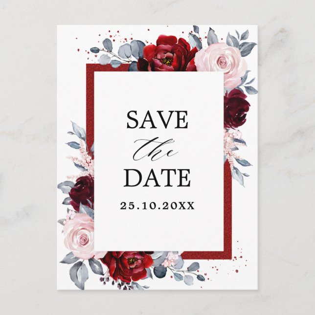 Burgundy Wine Dusty Blue Slate Save the Date Postkarte (Vorderseite)