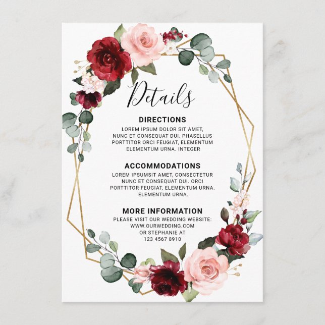 Burgundy Wine Dusty Blue Slate Wedding Details Begleitkarte (Vorderseite)