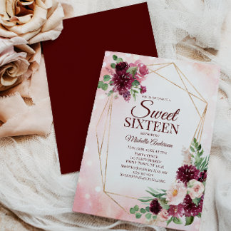 Burgundy Wine Gold Boho Aquarell Blumensüß 16 Einladung