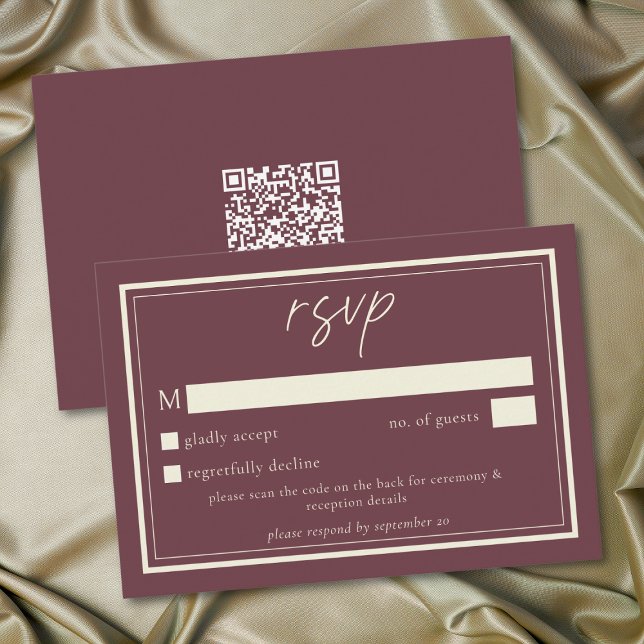 Burgundy Wine Minimalist Frame Wedding QR Code RSVP Karte (Burgundy Wine Minimalist Frame Wedding QR Code RSVP Card)
