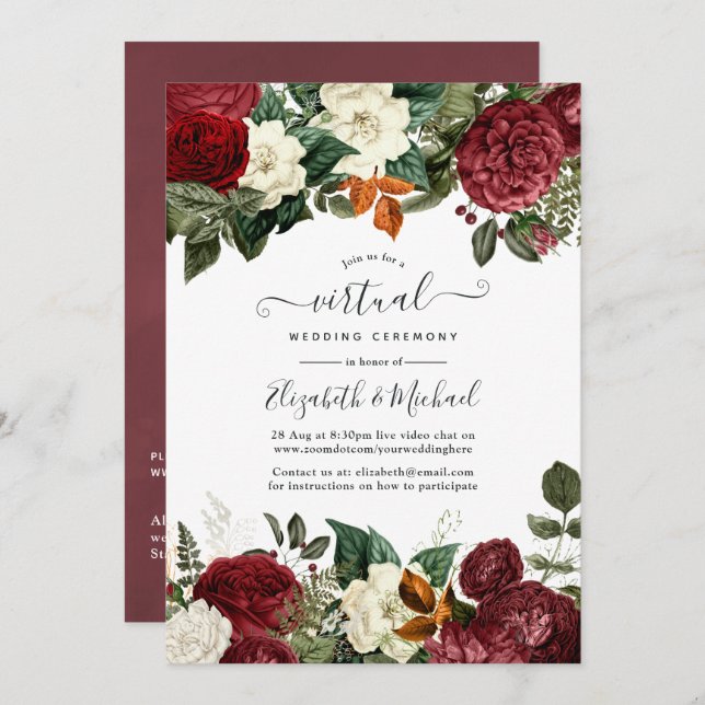 Burgundy Wine Red Floral Online Virtual Wedding Einladung (Vorne/Hinten)