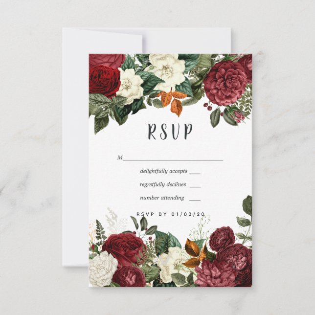 Burgundy Wine Red Floral Wedding RSVP Karte (Vorderseite)