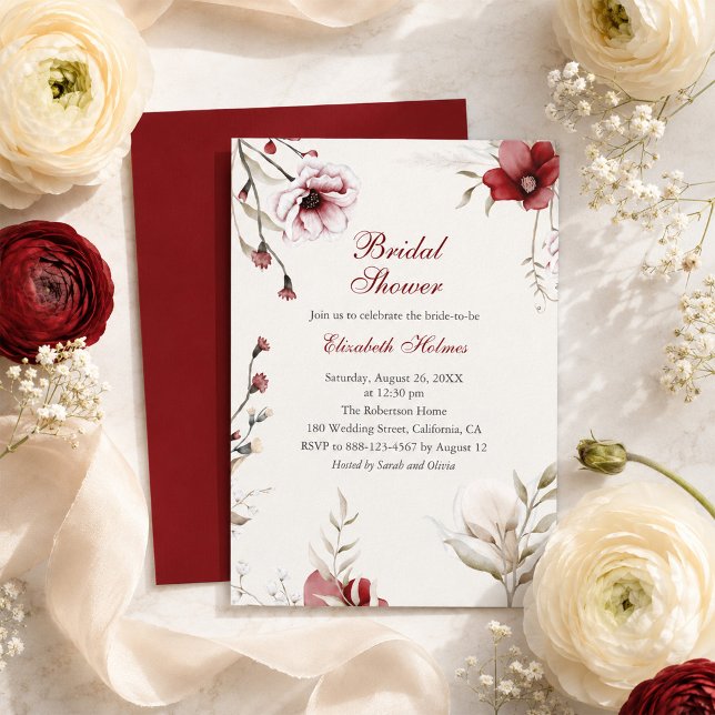 Burgundy Winter Elegance Bridal Dusche Einladung (Burgundy Back Ivory Floral Bridal Shower Invitation)