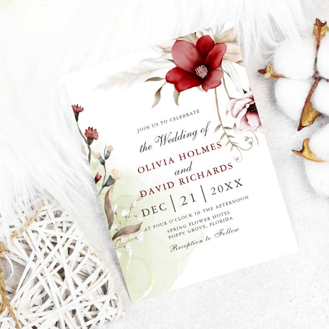 Burgundy Winter Elegance Hochzeit Einladung (Modern winter wedding invitation on white cozy background with cotton flowers)
