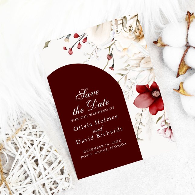 Burgundy Winter Elegance Save the Date Karte (Dark Burgundy floral Save the Date Card on white cozy background)