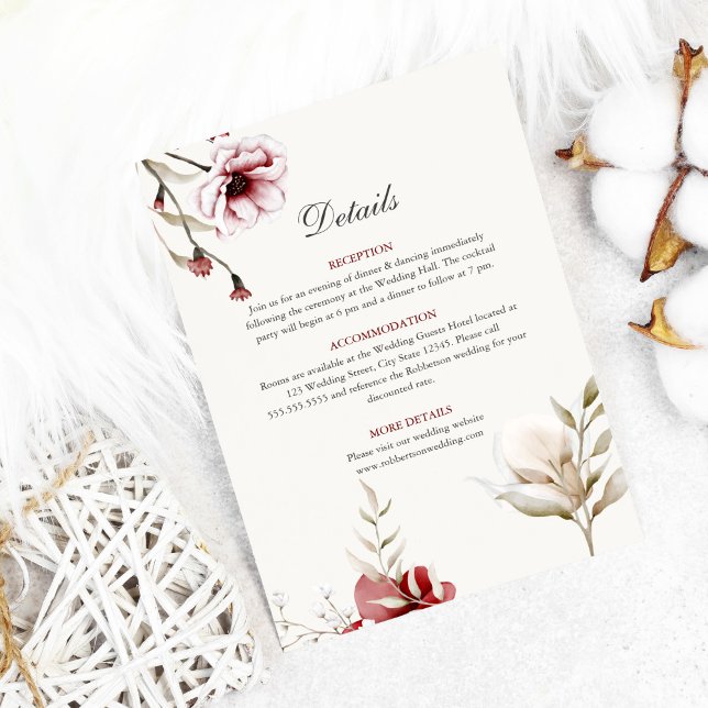 Burgundy Winter Elegance Wedding Details Card Einladung (Burgundy floral wedding details on white cozy background)