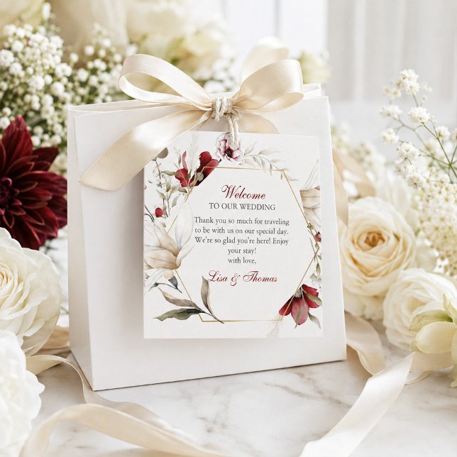 Burgundy Winter Elegance Wedding Geschenkanhänger (Burgundy Back Ivory Floral Wedding Welcome Tag)