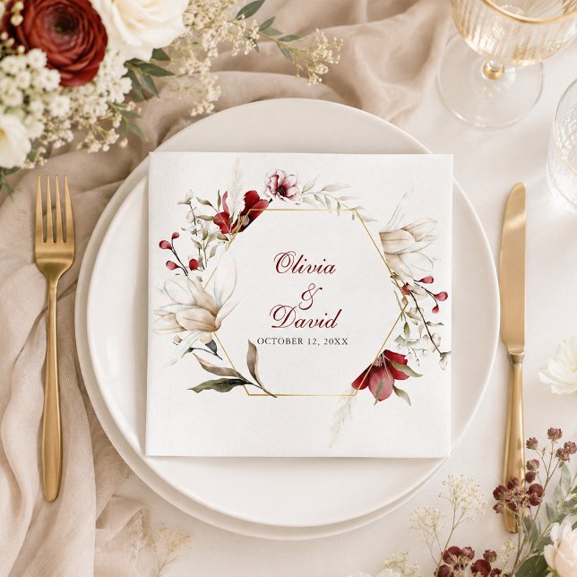 Burgundy Winter Elegance Wedding Serviette (Burgundy Ivory Floral Wedding Paper Napkins)