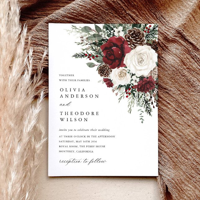 Burgundy Winter Floral Elegant Wedding Einladung (Burgundy winter floral wedding invitation pinecone ivory rustic elegant watercolor invite)