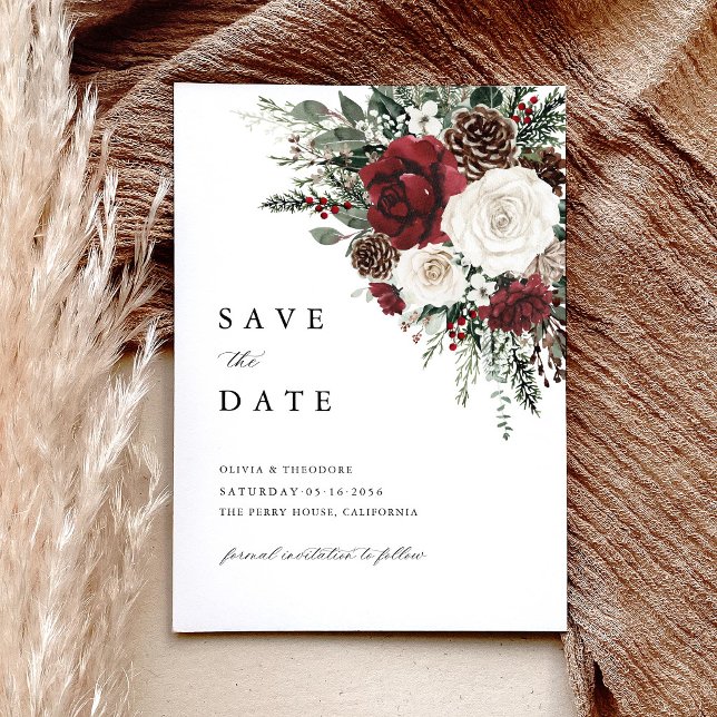 Burgundy Winter Floral Elegant Wedding Save The Date (Burgundy winter floral save the date card pinecone ivory rustic elegant wedding announcement)