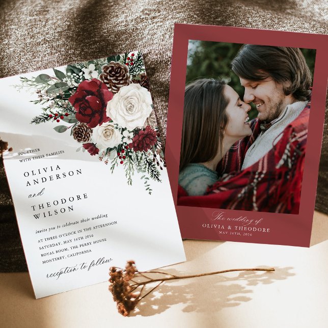 Burgundy Winter Floral Photo Back Wedding Einladung (Burgundy winter floral photo wedding invitation with photo back elegant holiday invitation)