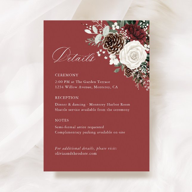 Burgundy Winter Floral Wedding Details, Infomation Begleitkarte (Burgundy winter floral wedding information details card elegant itinerary reception schedule )